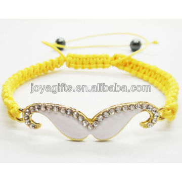 95B0224-6/ Wholesale Enamel Diamante mustache woven bracelet/enamel beard woven bracelet/white enamel+yellow wire/cord